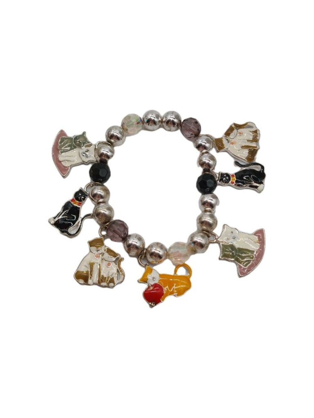 Cat Charm Bracelet Elastic Beaded Metal Silver Tone Multicolored Stretch